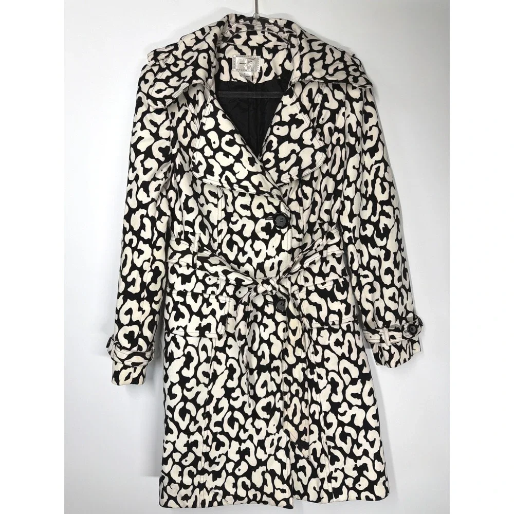Alberto Makali Black White Leopard Print Belted Trench Coat Lined Size 8